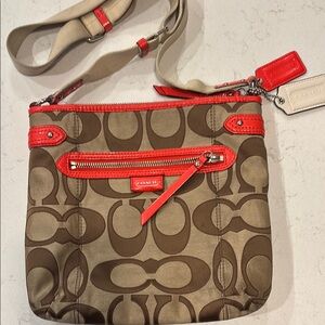 Coach Signature Brown, Tan and Orange Crossbody Bag with Adjustable Strap